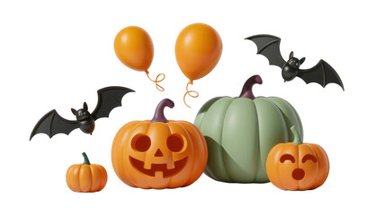 Spooky Halloween celebration with smiling pumpkins, flying bats, and festive orange balloons creating a playful and festive mood for seasonal events