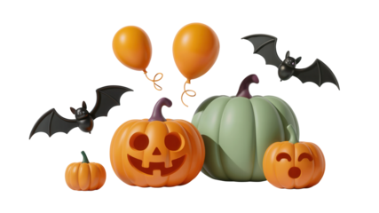 Spooky Halloween celebration with smiling pumpkins, flying bats, and festive orange balloons creating a playful and festive mood for seasonal events