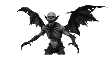 Terrifying winged creature with sharp claws and glowing eyes unleashes a bloodcurdling scream, embodying pure horror and ancient evil