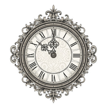 Elegant Ornate Antique Roman Numeral Clock Face with Decorative Scrollwork
