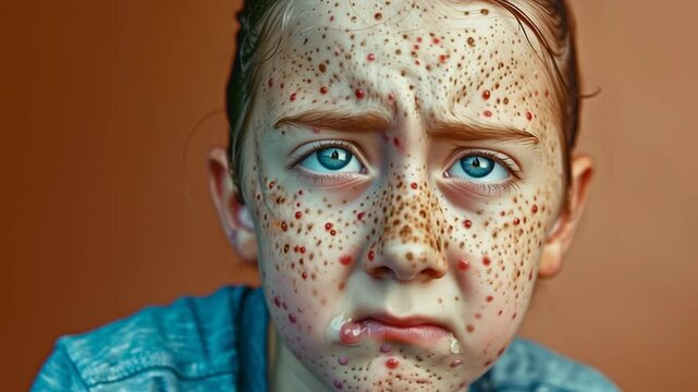 Closeup portrait of young girl with freckles, pimples,  irritated skin, acne, and a worried expression. Body image and adolescent skin issues.