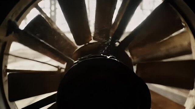 Close-up of a powerful industrial extractor fan with spinning blades seen from a low angle with dramatic backlighting