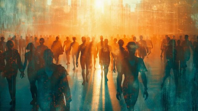 Futuristic crowd of people silhouettes walking from glowing city in orange haze