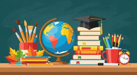 Illustration of school supplies including books globe and art supplies on a wooden desk surface