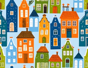 Fototapeta premium Colorful cartoon houses in a repeating pattern