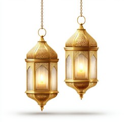 Two golden hanging lanterns, intricate details, glowing candles