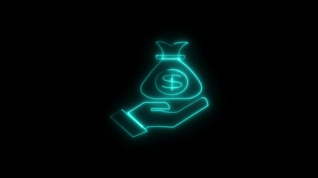 Dollar bag and hand neon capitalist dollar icon animation Glowing neon line money bag icon isolated . Neon money bag with dollar sign, money bag and dollar icon.
