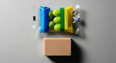 Obraz premium Minimalist Soap Still Life: A Bar of Soap and a Packaged Set of Green Objects on a Neutral Background, Emphasizing Cleanliness and Simplicity in Design