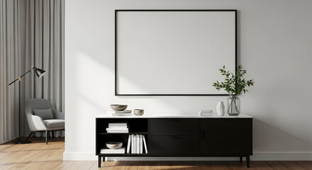 Modern minimalist living room interior design mockup with blank frame and stylish furniture
