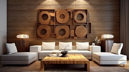 Stylish interior design showcasing a warm ambiance with modern furniture and wooden art pieces