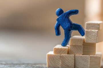 Blue figurine climbs wooden stairs