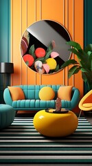 Stylish interior with vibrant colors and geometric patterns creating a modern aesthetic