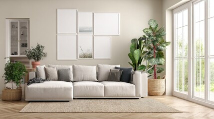 Bright Light Living Room with Beige Sofa and Green Indoor Plants in Modern Home