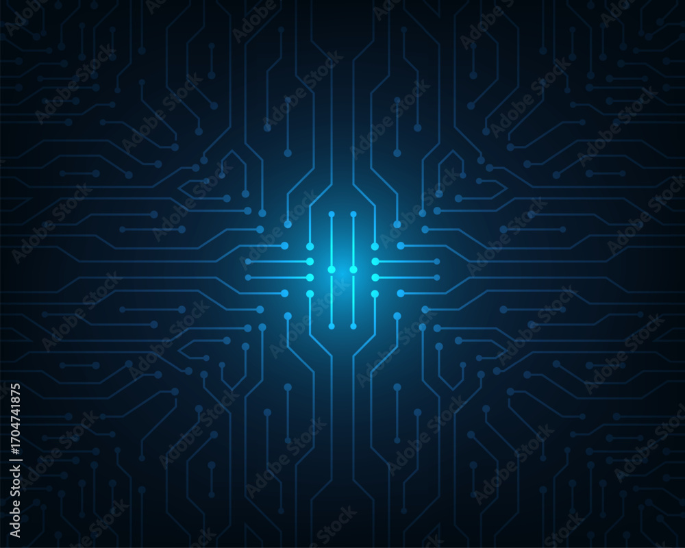 Poster technology digital circuit board with glowing core and blue network pattern symbolizing data flow co