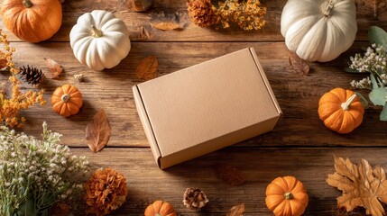 Blank product box mockup on wooden surface surrounded by mini pumpkins and fall seasonal elements