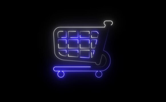 A neon trolley icon glowing in bright green and purple, featuring a minimalist shopping cart outline with wheels, representing online shopping, convenience, and vibrant digital commerce.
