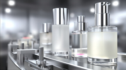 A close-up view of cosmetic bottles on a high-tech factory conveyor line.
