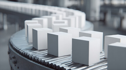 A conveyor belt with white, luxury packaging boxes aligned in rows.

