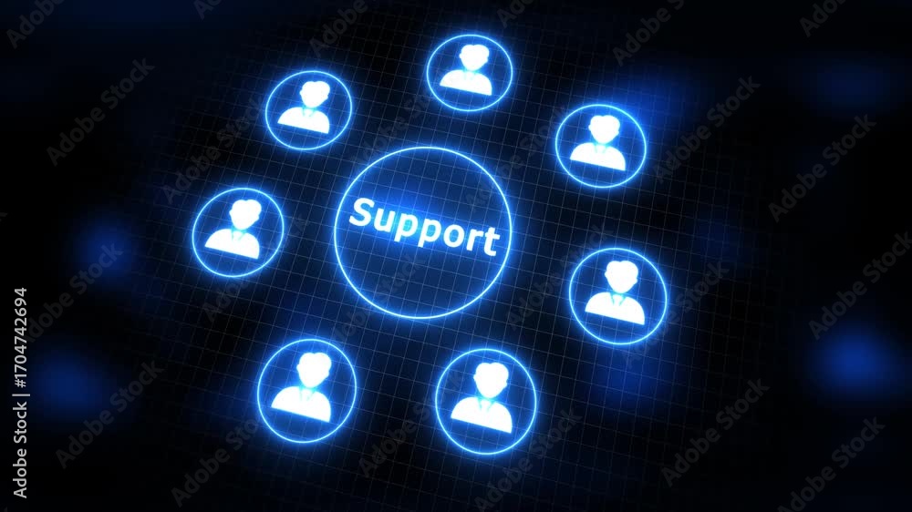 Aufkleber support concept with connected user icons in a network grid keywords: support, help, assistance, con