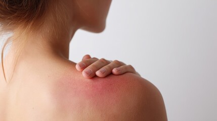 Woman's shoulder with red irritated skin from allergy or inflammation. Medical hospital pain treatment concept