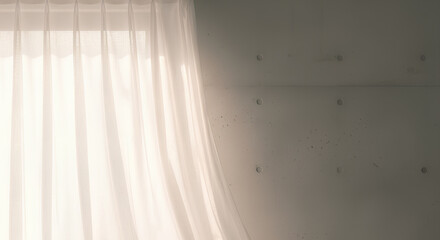 Minimalist interior with soft natural light filtering through curtain and textured concrete wall