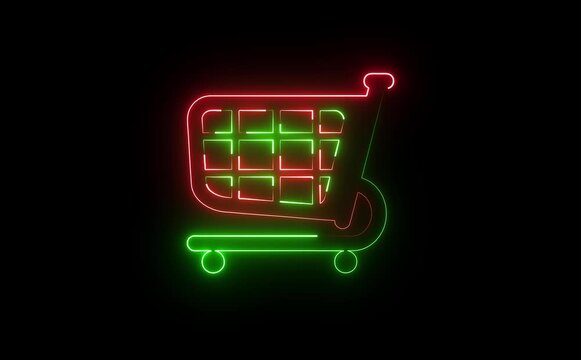 A neon trolley icon glowing in bright green and purple, featuring a minimalist shopping cart outline with wheels, representing online shopping, convenience, and vibrant digital commerce.
