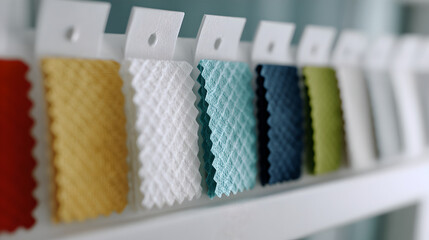 A swatch board displaying various textured color samples in a factory.
