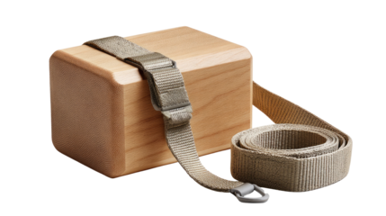Yoga Equipment: A close-up shot of wooden yoga block and strap , perfect for supporting poses and enhancing flexibility in your yoga practice.