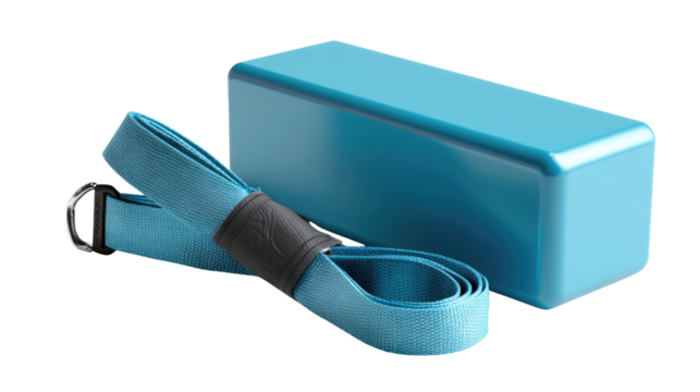 Yoga Accessories: A serene studio scene featuring a vivid blue yoga block and strap, representing fitness, serenity, and well-being. This studio scene evokes peace.