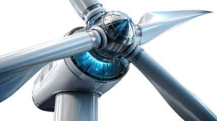 Power of Wind Energy: A close-up of a modern wind turbine, its gleaming blades catching the light, symbolizes the potential of sustainable energy and innovative technology.