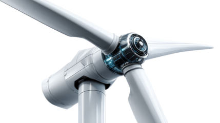 Wind Turbine Powering a Sustainable Future: A close-up image of a modern wind turbine, its sleek white blades gracefully turning in the wind, against a backdrop of a bright sky.