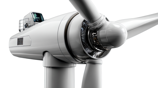Wind Turbine Close Up: A detailed capture of a modern wind turbine against a soft background showcases its innovative design and symbolizes sustainable energy production.