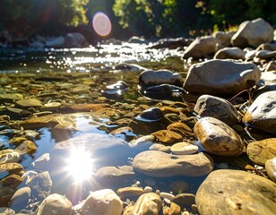 Crystal-clear riverbed, sunlight reflections