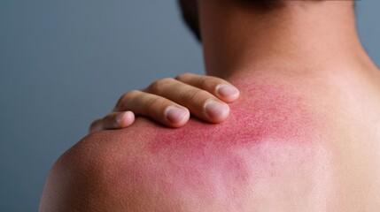 Man's shoulder with red irritated skin from allergy or inflammation. Medical hospital pain treatment concept