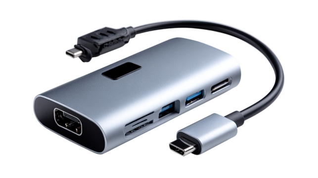 Seamless Connectivity Hub: High-angle shot of a sleek, modern hub showcasing a variety of ports, connecting technology with a futuristic aesthetic.