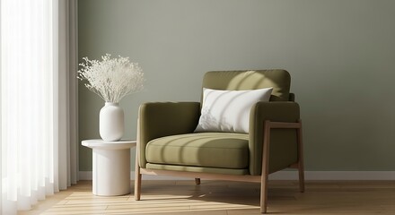 Serene Olive Green Armchair with Striped Pillow and Dried Pampas Grass in Soft Natural Light.