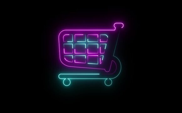 A neon trolley icon glowing in bright green and purple, featuring a minimalist shopping cart outline with wheels, representing online shopping, convenience, and vibrant digital commerce.
