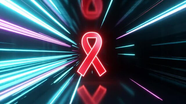 Red ribbon symbol of AIDS awareness flies through a neon light tunnel world aids day