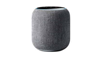 Stylish Audio Enclosure: A modern audio device, sleek and cylindrical, commands attention with its refined fabric and top-notch design. Its minimalist elegance enhances any setting. 