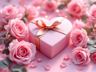 3D scene with pink roses, heart gift box, and soft golden light on pastel background. Perfect for Wife Appreciation Day, love greetings, and romantic celebrations