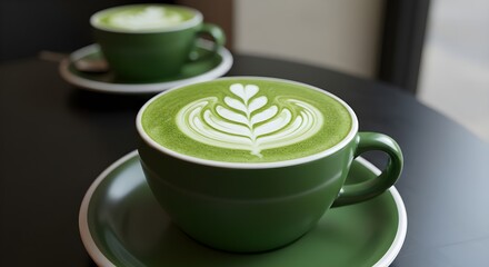 Hot matcha green tea latte with beautiful foam art in cup
