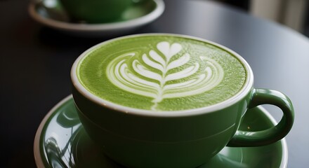 Hot matcha green tea latte with beautiful foam art in cup