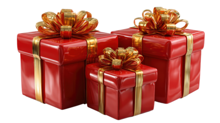Gift Boxes: Festive red gift boxes with golden ribbons and bows ready to celebrate a holiday, party or special occasion, perfect for conveying the joy of giving and receiving