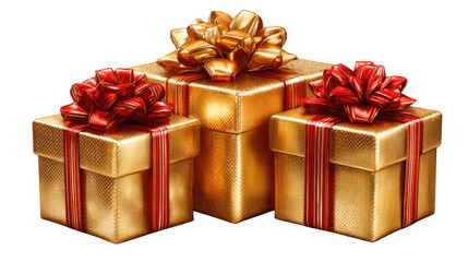 Golden Gifts and Festive Ribbons: Three meticulously crafted gift boxes, shimmering with a golden hue and adorned with festive red and gold ribbons and bows.
