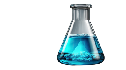 Laboratory flask in action:  A detailed image of a laboratory flask filled with a bright blue chemical solution, evoking a sense of scientific exploration and discovery.