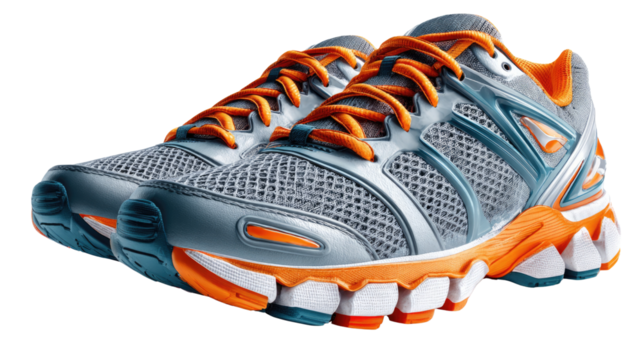 Sporty Stride: A close-up view showcases a modern running shoe, meticulously crafted for optimum performance and athletic aesthetics, exuding dynamism and a sense of forward motion.