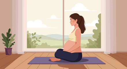 A tranquil flat design illustration depicting an expectant mother finding inner peace through meditation in the comfort of her home, surrounded by natural light and a serene view.