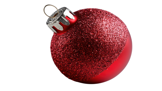 Christmas Ball Decoration: A close-up studio shot captures a festive red Christmas ball, it's a single, shining, glittery bauble, radiating holiday cheer and sparkle.