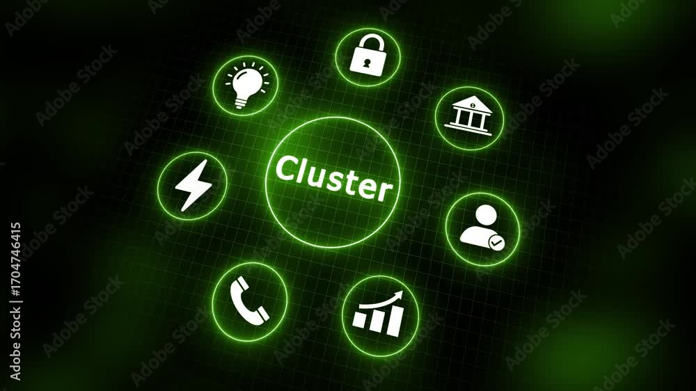 Poster cluster concept with glowing green icons and central text on dark grid background keywords: cluster,