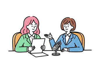 Two women recording a podcast interview, broadcast vector illustration